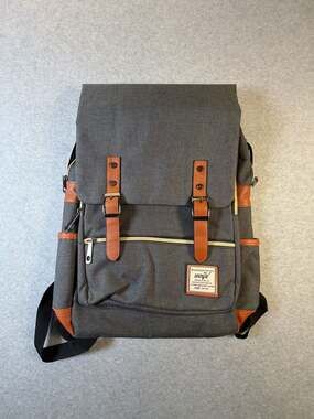 Wenjie Vintage Gray Canvas Laptop Backpack with Brown Leather Trim